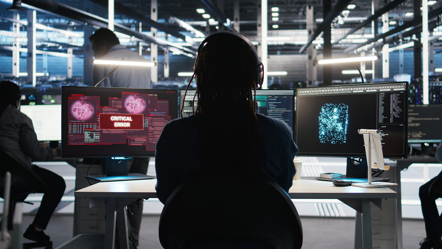 Profesional trabajando en un entorno tecnológico con sistemas digitales y análisis de datos, representando las profesiones digitales con pleno empleo en 2026.